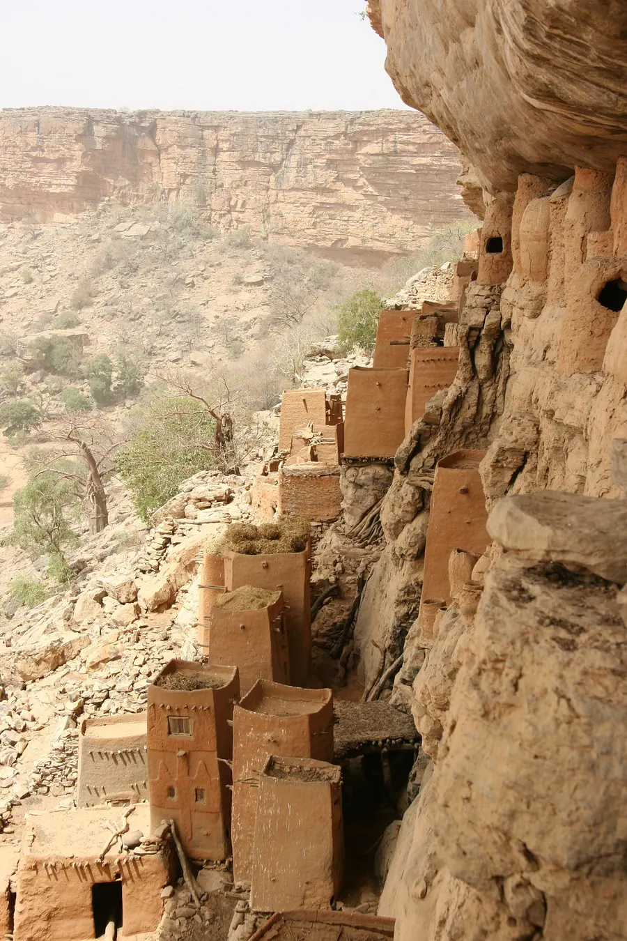 Tall sandstone cliff with mud-brick dwellings built into its base.