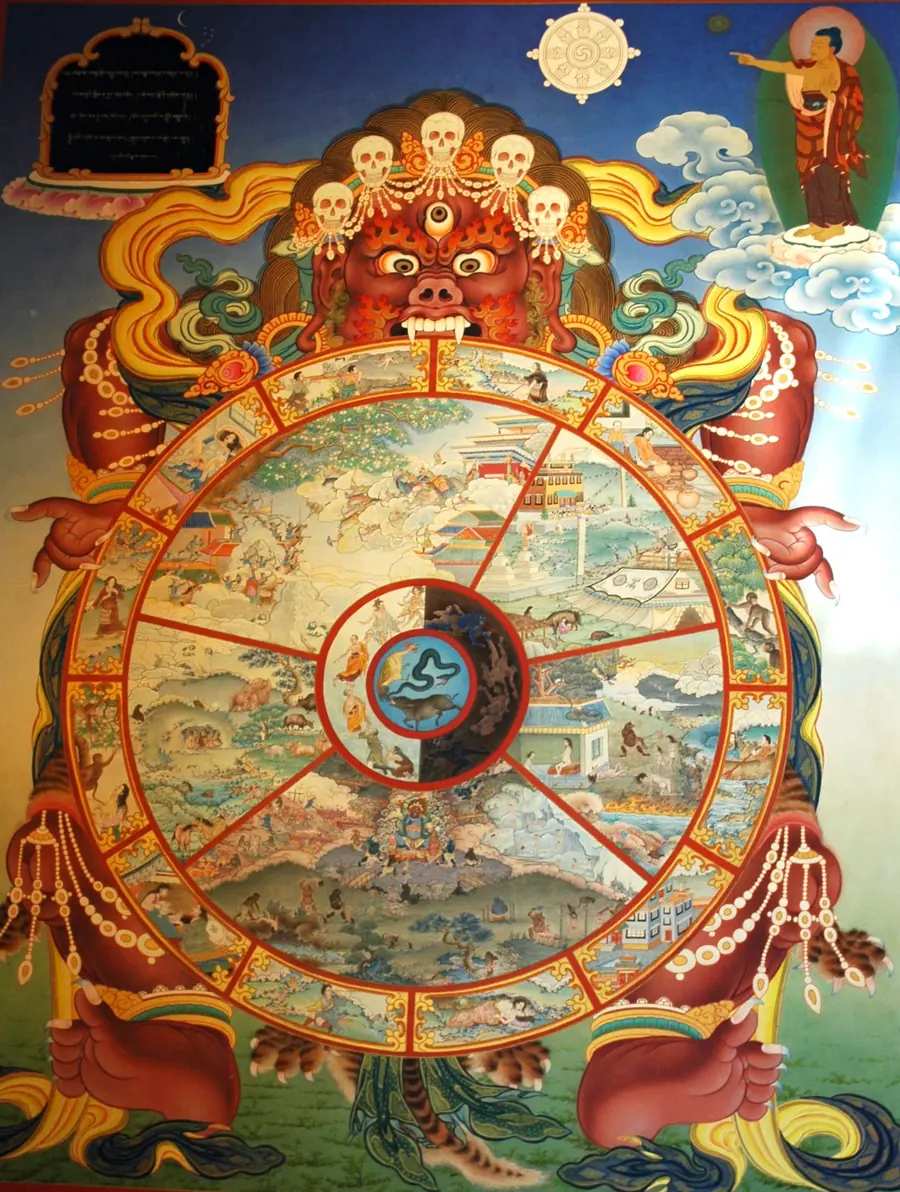 Tibetan painting of a wrathful deity clutching a large wheel divided into realms.