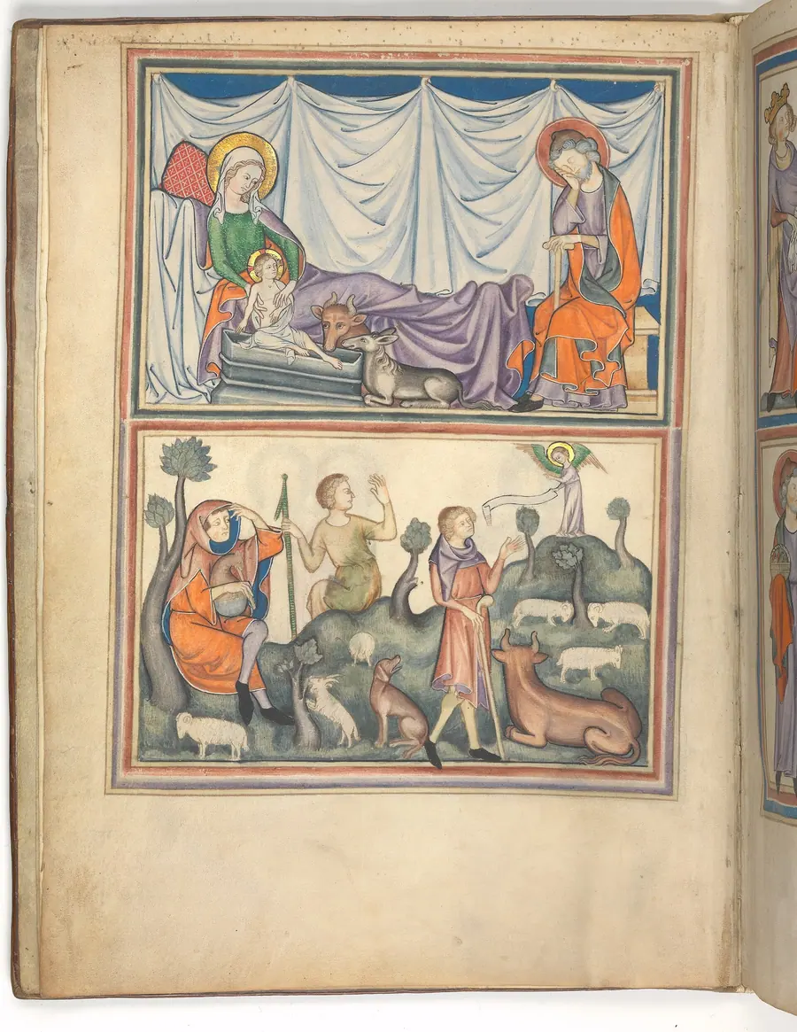 Gothic manuscript opening with framed miniatures above columns of Latin text.