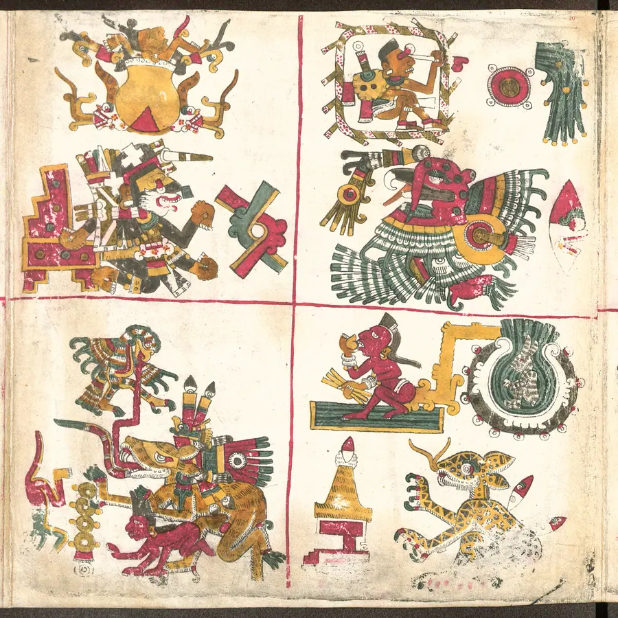 Pre-Hispanic screenfold manuscript page in red, ochre and black with deity figures and day-signs.