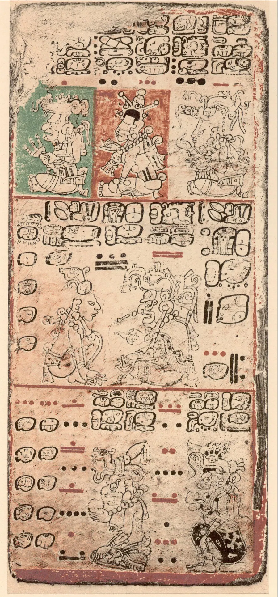 Maya bark-paper codex page with columns of bar-and-dot numerals and glyph blocks.