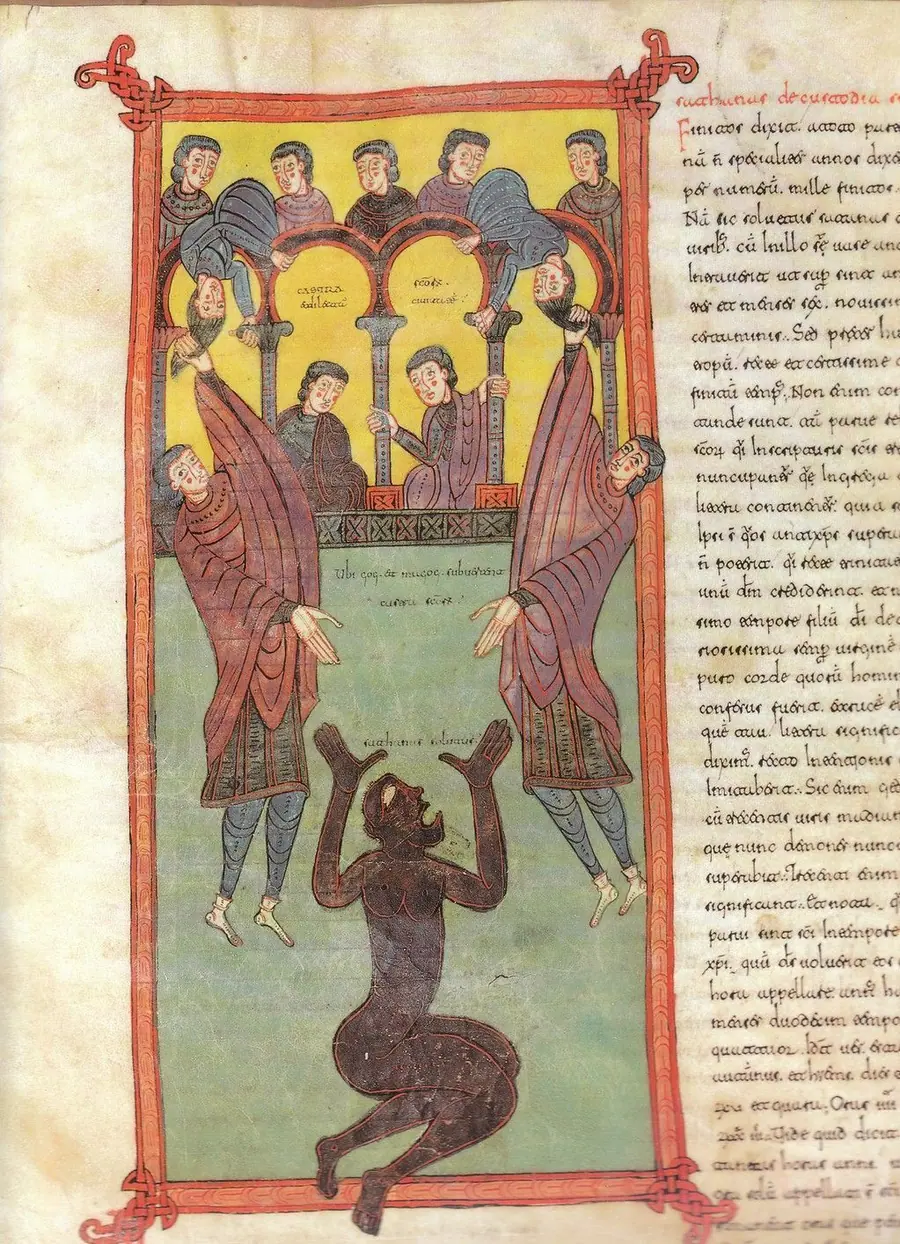 Romanesque manuscript illumination of massed figures besieging a walled city.