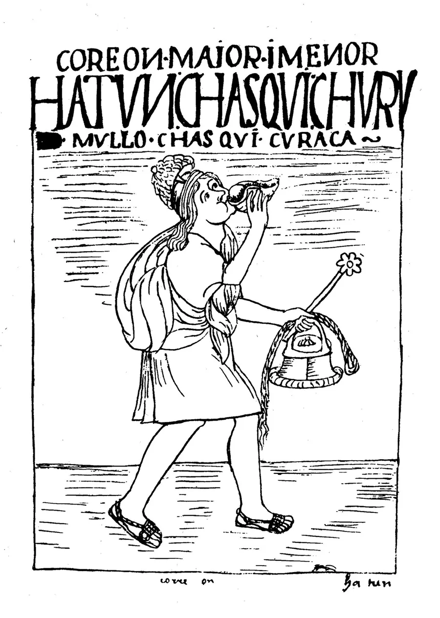 Pen drawing of an Andean runner with a staff and conch, captioned in Spanish and Quechua.