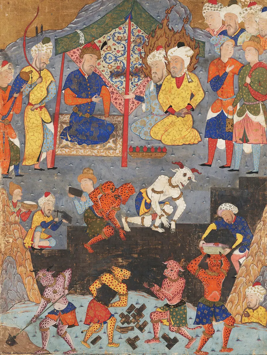 Persian miniature of workmen raising a great wall under a crowned figure's direction.