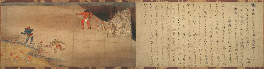 Long Japanese handscroll painting of figures tormented amid flames.