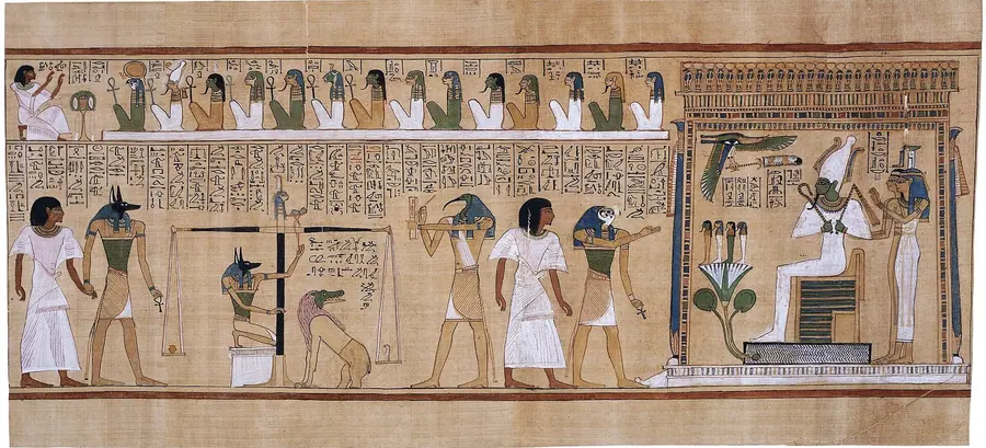 Full papyrus scene of the deceased led before an enthroned green-skinned god.