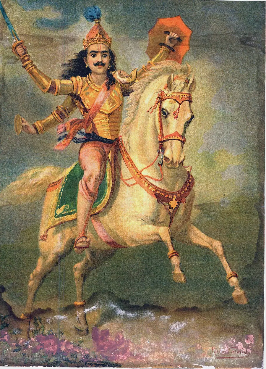 Oleograph of a crowned rider on a white horse holding a raised sword against a bright sky.