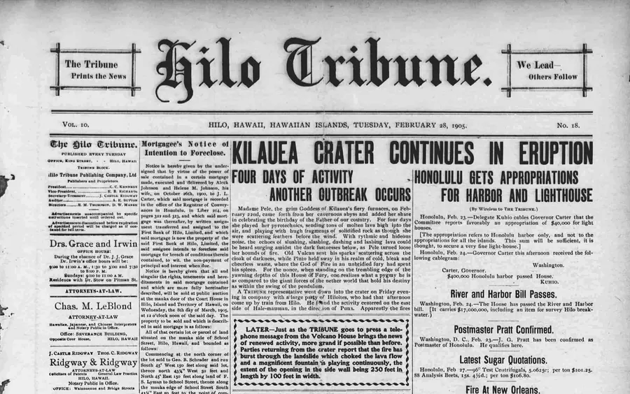 Front page of a 1905 Hawaiian newspaper reporting a volcanic eruption.