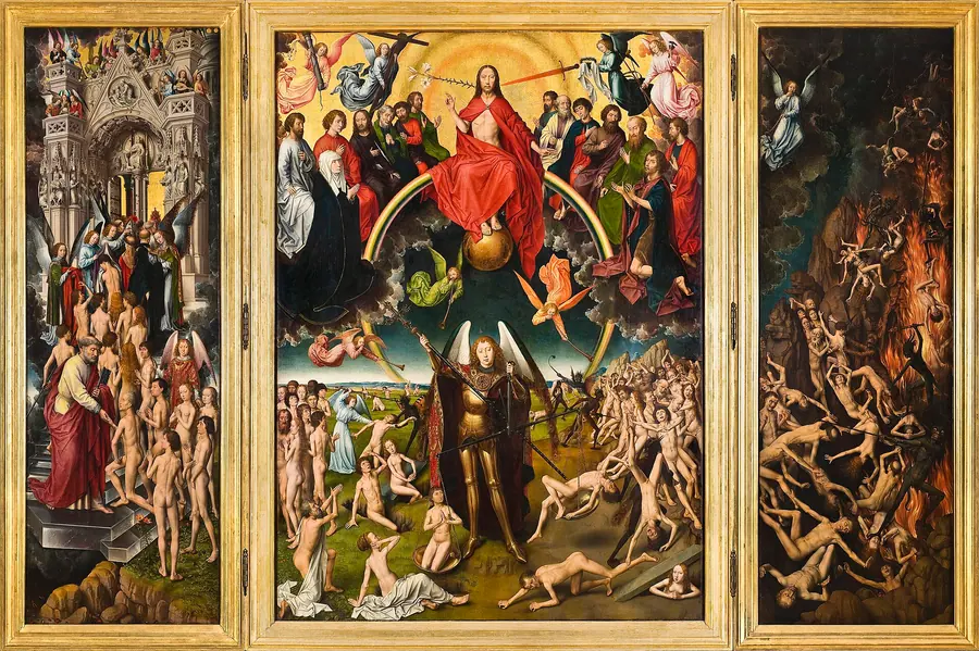 Triptych of the Last Judgment: Christ above, souls weighed at centre, the damned falling to the right.