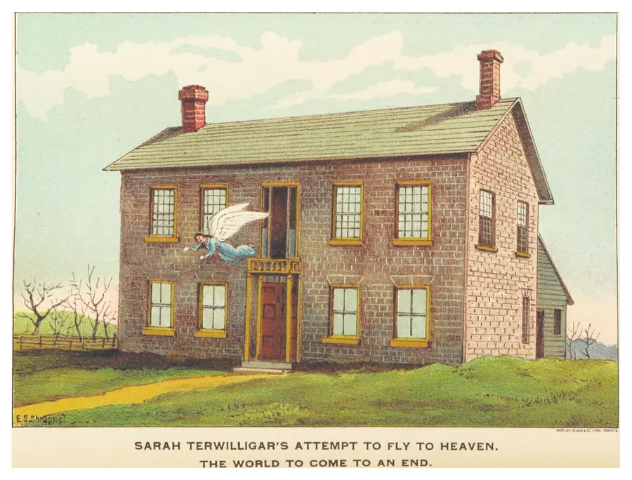 Engraving satirising a believer leaping from a rooftop in wings on the expected day.