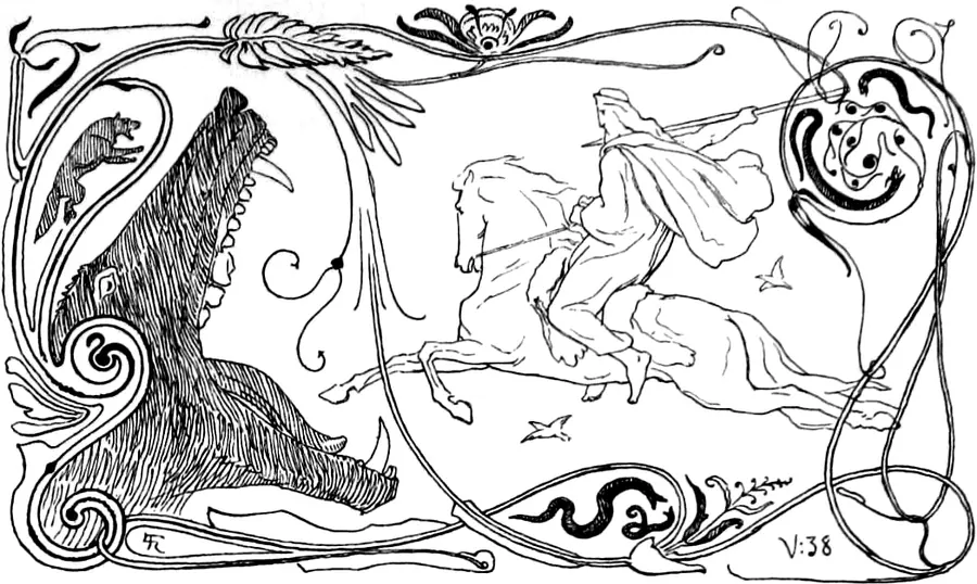 Line engraving of Odin, spear raised, facing the open jaws of the wolf Fenrir.