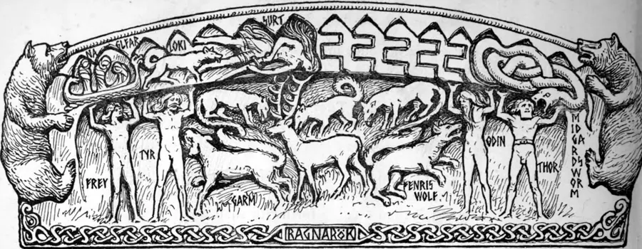 Ink drawing of the final battle: armoured gods and wolves collide beneath a burning sky.