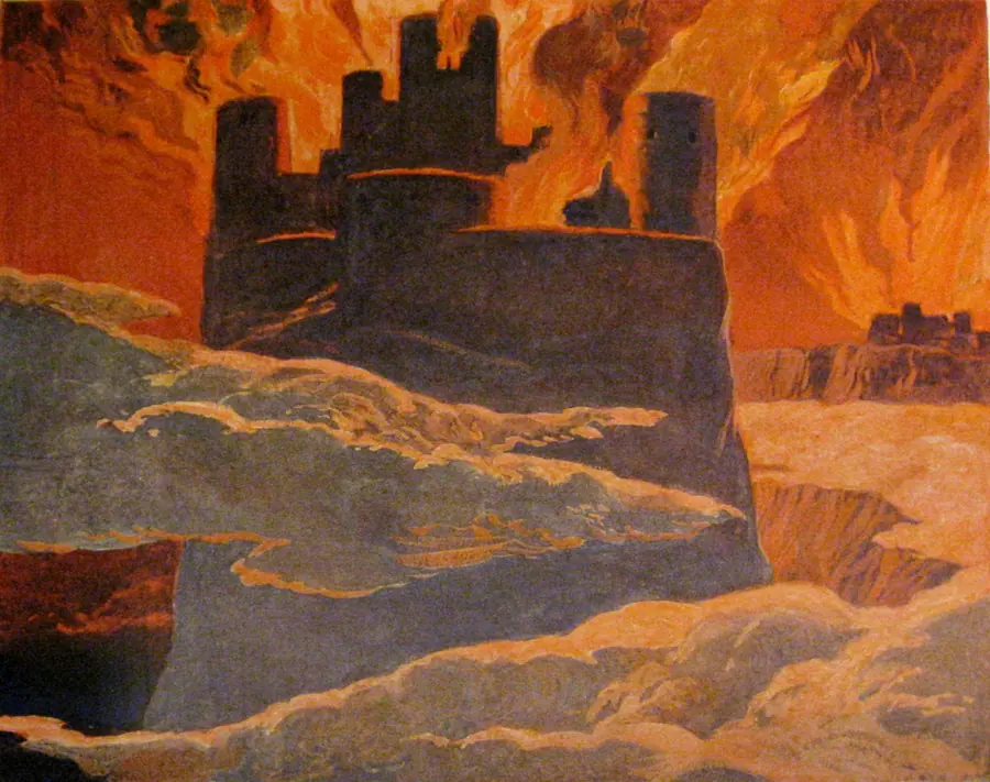 Painting of Ragnarök: Surtr's fire spreads across a battlefield of falling gods.