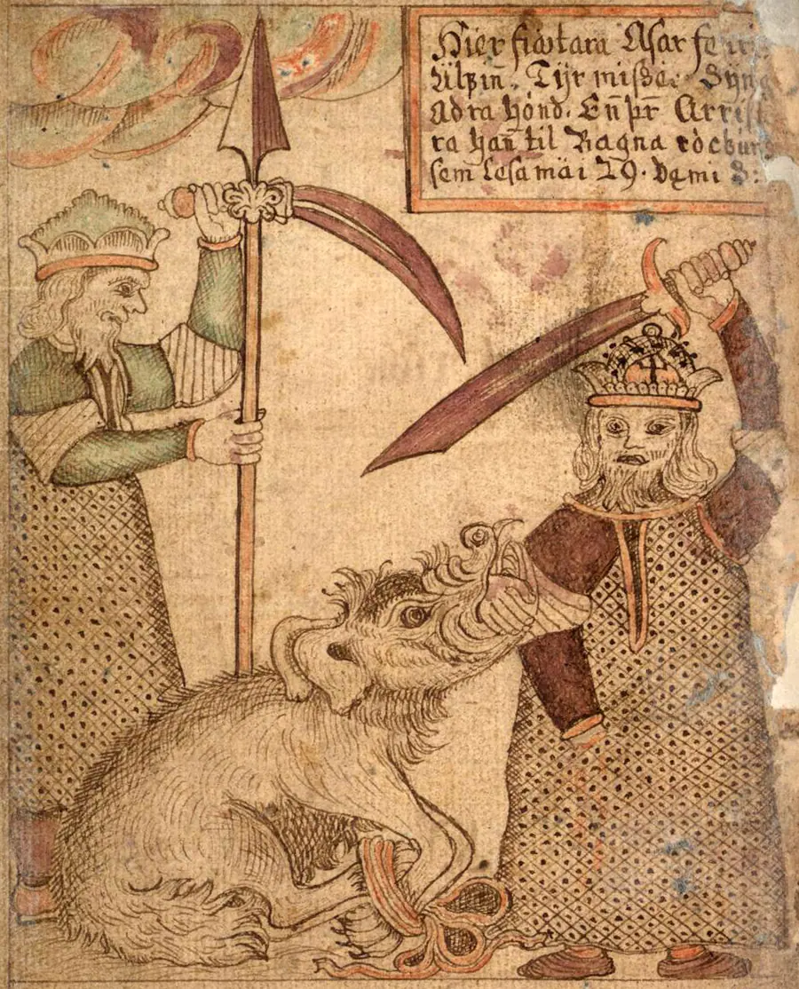 Icelandic manuscript page showing a wolf biting the hand of a standing figure.