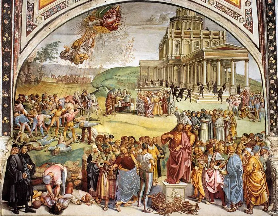 Renaissance fresco of a preaching figure prompted by a demon whispering at his ear, crowds listening.