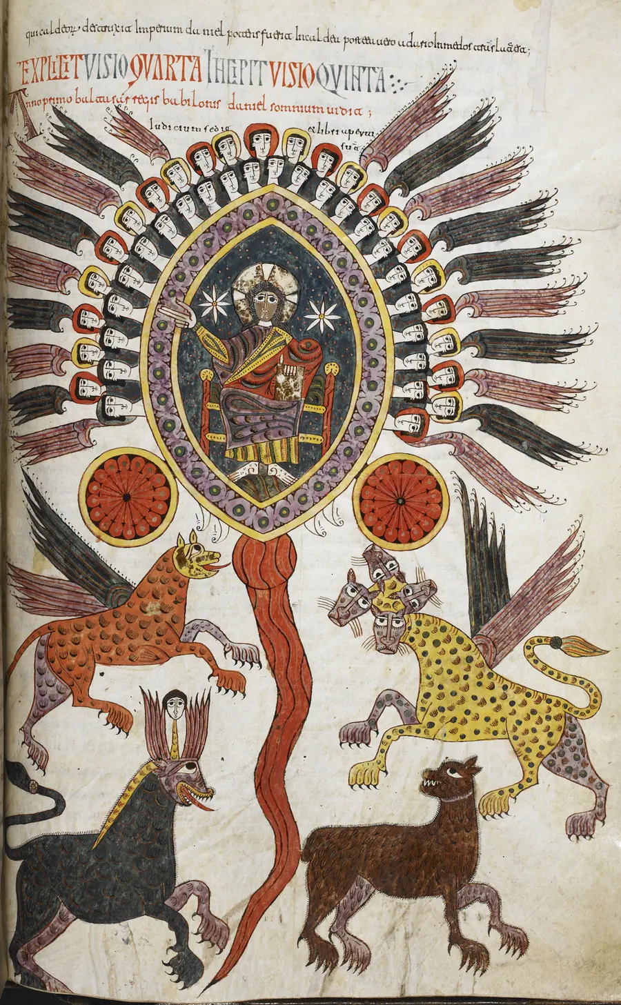 Mozarabic manuscript page with four stylised beasts rising from water beneath an enthroned figure.
