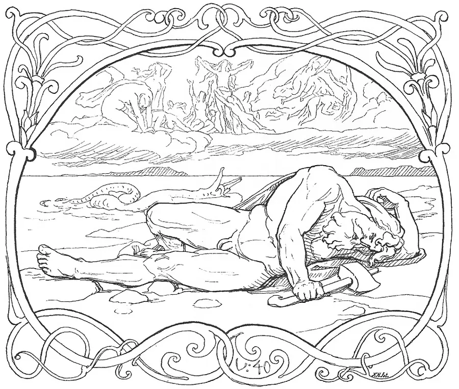 Thor striking the world serpent, both figures collapsing together.