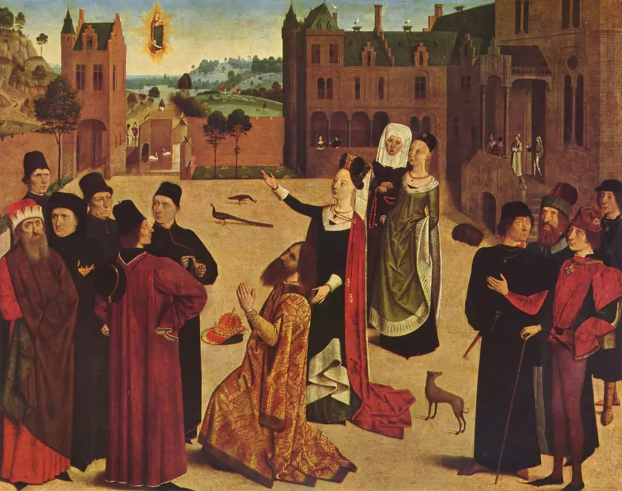 Early Netherlandish panel of a robed prophetess addressing a kneeling emperor.