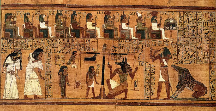 Painted papyrus register showing a heart weighed against a feather, a jackal-headed god adjusting the scales, and a hybrid beast waiting.