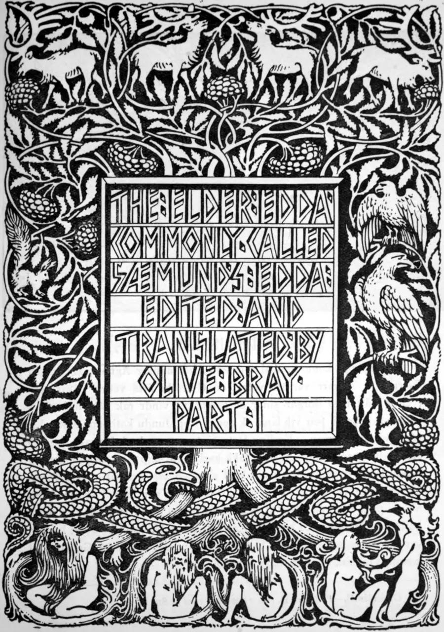 The world tree drawn as a vast ash spanning sky and underworld, with animals at its roots and crown.